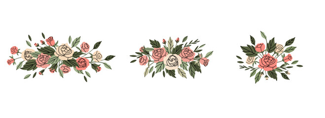 Roses composition. Pink flowers and green leaves. Decorative element, frame, border and divider, underline. Bouquet with blossoms. Botanical garland. Vector cartoon flat isolated illustration