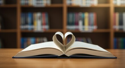 Fototapeta premium Book pages folded into a heart shape on a wooden table in a library
