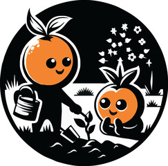 A cute cartoon vector illustration shows a spooky Halloween-themed apple tree with a bat and birds