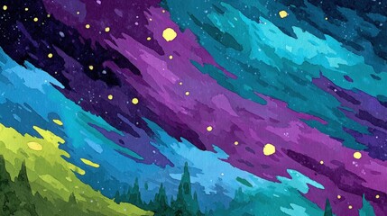 Watercolor Painting of a Colorful Night Sky with Stars Over Forested Landscape