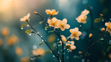 Fototapeta premium Cherry blossoms glisten with raindrops amidst a serene spring background in the morning light