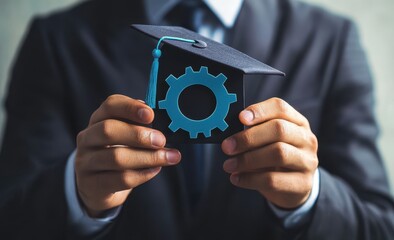 Graduate holding a degree cap with gear