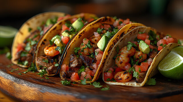 grilled shrimp and beef tacos with fresh toppings on wooden board


