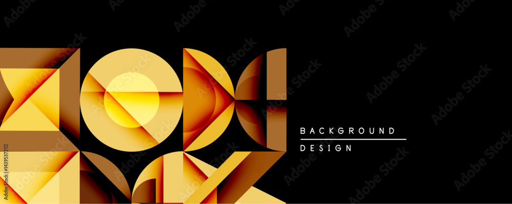 Poster abstract geometric composition. golden shapes overlap black background. modern design features gradi
