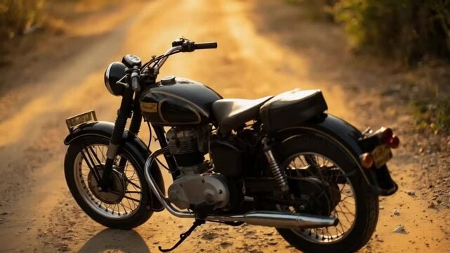 A black motorcycle parked on a dirt road. Smooth repeating motion for background video animation.
