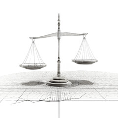 Abstract Wireframe Scales of Justice on Data Grid Background