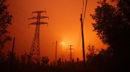 Power lines, fiery sunset