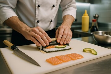 A close-up shot of a chef preparing sushi in a high-end kitchen.
