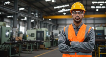 Confident factory worker in safety gear standing in manufacturing plant