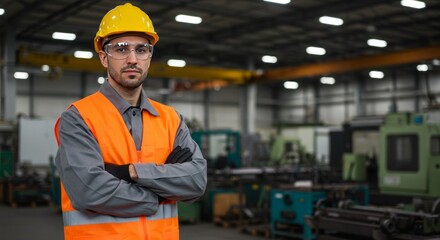 Confident factory worker wearing safety gear standing in a manufacturing plant