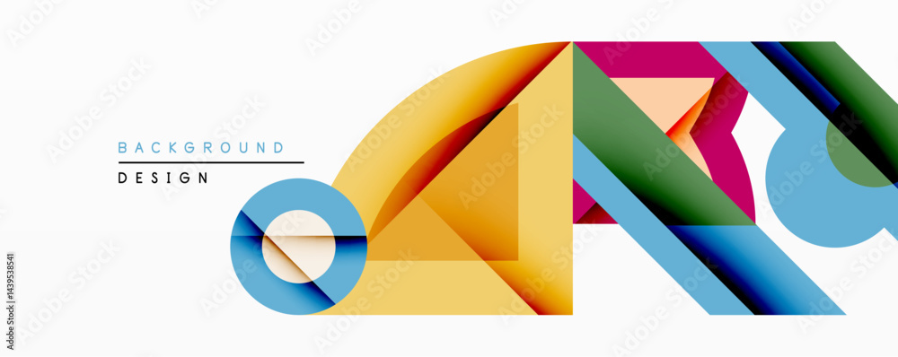 Fototapete Abstract geometric shapes overlap, creating vibrant colorful design. Gradient fills add depth, modern aesthetic suitable for backgrounds, presentations. Clean lines, minimalist style.