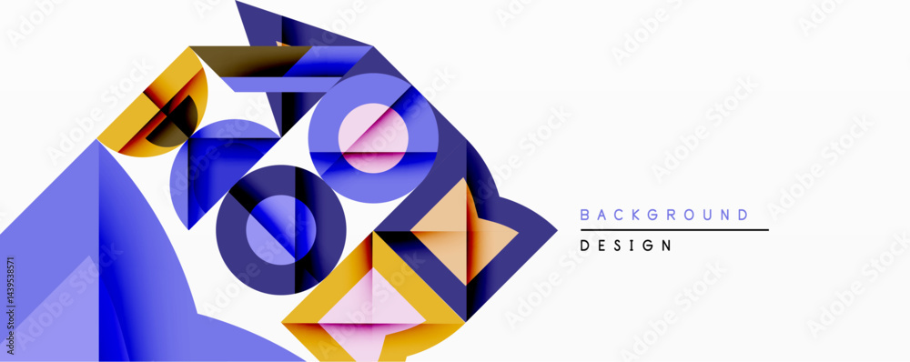 Poster Abstract geometric composition. Overlapping shapes create dynamic visual effect. Blue, yellow, pink hues dominate design. Modern style, clean lines, minimalist aesthetic.