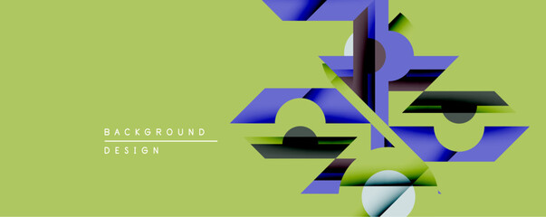 Abstract geometric composition. Overlapping shapes create dynamic visual effect. Green background enhances blue, black, white elements. Modern design suitable for digital projects.