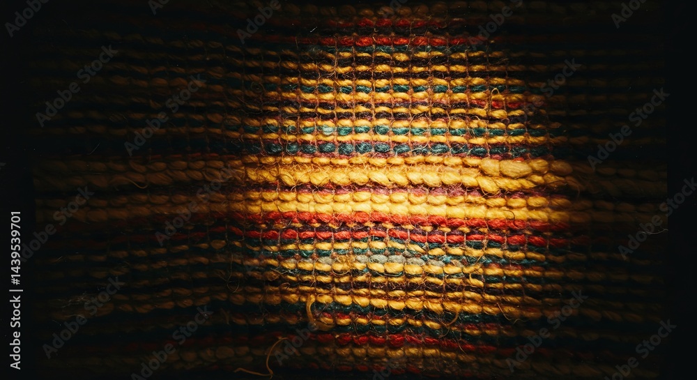 Poster a close up of a colorful rug with a yellow spot in the middle