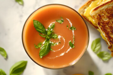 Tomato soup with basil and a swirl of cream, served with grilled cheese sandwich

