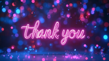 Neon text Thank You, lettering. Glowing blue and purple neon word Thank you. Glowing alphabet with letters