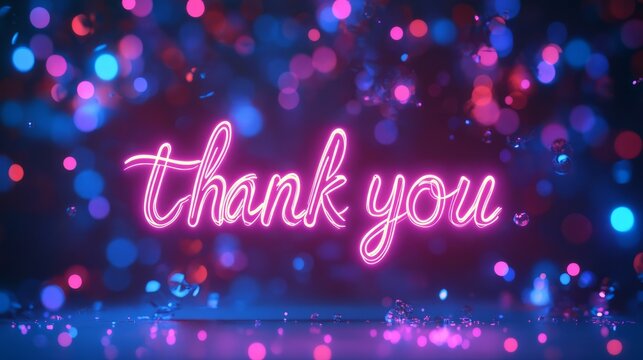Neon text Thank You, lettering. Glowing blue and purple neon word Thank you. Glowing alphabet with letters