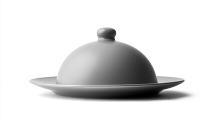 Fototapeta premium Matte grey serving cloche hovering above an empty plate on white background.