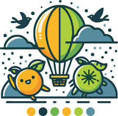 Vector illustration of fruits and vegetables with autumn and spring elements, featuring colorful icons of apples, tomatoes, flowers, and leaves in a cartoon style