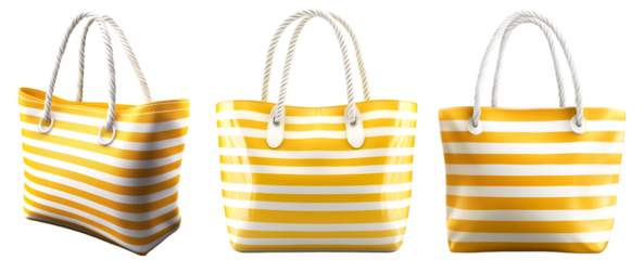 Set of striped yellow and white beach tote bags with rope handles summer accessories, isolated on transparent background, cut out

