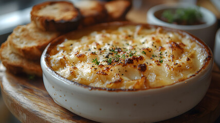 Creamy mac and cheese with toasted bread and garnished herbs


