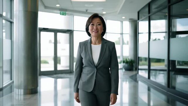 Asian Businesswoman in Gray Suit Walking Confidently into Modern Office Building with Steady Cam Shot Showing Purposeful Strides and Optimistic Expression for Motivational Video