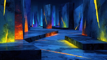 Surreal underground space with illuminated colorful stone walls and mysterious glowing pathways at night