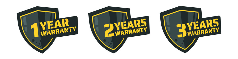 1 year warranty, 2 years warranty, 3 years warranty. Black  shield sticker, label, badge – vector illustration