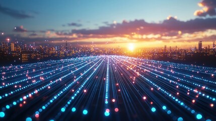Futuristic city, glowing data streams at sunset, urban sprawl