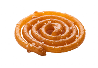 Closeup of a jalebi dessert with sugar crystals on a black background