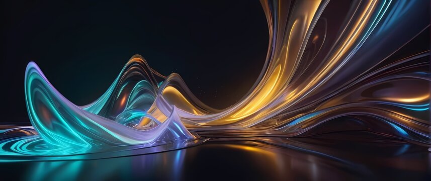 Digital abstract art compositions featuring fluid metallic shapes and glowing floating lights. Extremely detailed high resolution illustration.