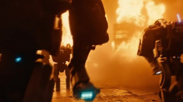 A group of robots running on a fiery battlefield. Smooth repeating motion for background video animation.