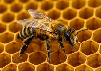 Honey bee on honeycomb close up shows golden wax cells in detail