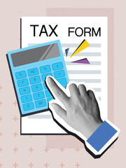 Tax calculation - hand with a calculator and paper tax form. Modern collage style. Vector illustration