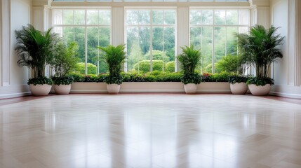Fototapeta premium Indoor Plants Large Windows Bright Modern Style High Resolution Wide Shot Potted Greenery Serene View Lush Garden Background Calm Tranquil Mood Interior Design Inspiration