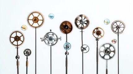 Obraz premium Metallic staffs with clockwork gears and floating time orbs on white background.