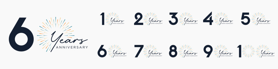 set of 10 to 100th anniversary logotype design, with colorful fireworks for celebration event, wedding, and birthday, vector illustration