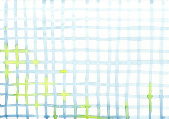 Abstract watercolor checkered pattern with blue and yellow lines