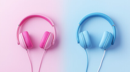 Colorful headphones arranged on pastel backgrounds