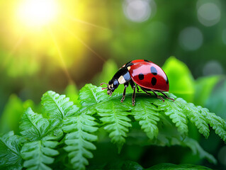 Fototapeta premium adorable ladybug perched on a vibrant green fern, curious expression, close-up illustration