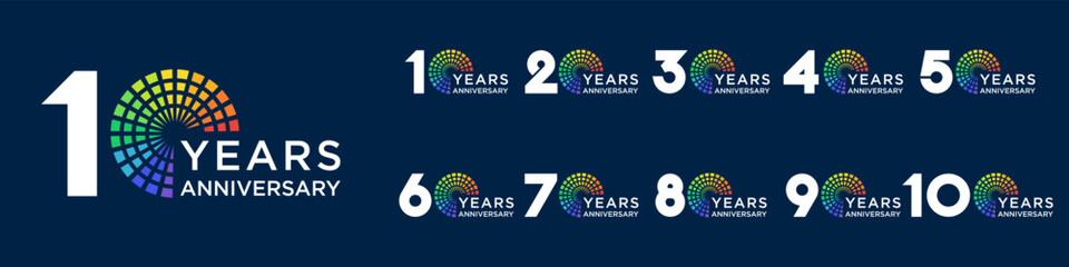 set of 10 to 100th anniversary logotype design, with colorful fireworks for celebration event, wedding, and birthday, vector illustration