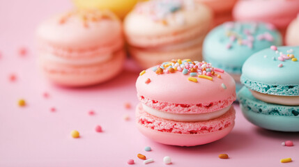 Fototapeta premium Colorful macarons with sprinkles on a pink background