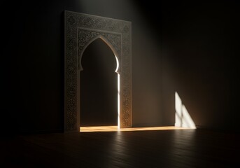 Ornate Islamic archway with sunlight casting geometric patterns on floor