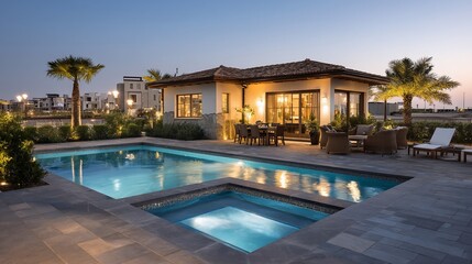 Modern villa poolside patio at dusk; tranquil evening scene; luxurious outdoor living space; ideal for showcasing luxury homes or resort