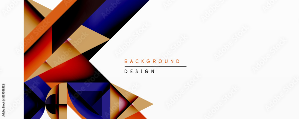 Poster Abstract geometric design features overlapping layers, vibrant colors. Orange, red, navy create dynamic visual contrast against white space. Modern aesthetic.