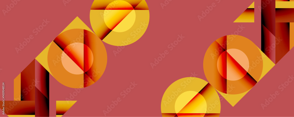 Poster Abstract geometric composition. Overlapping circles, rectangles create dynamic visual effect. Warm color palette dominates, featuring shades orange, yellow, red. Minimalist design.