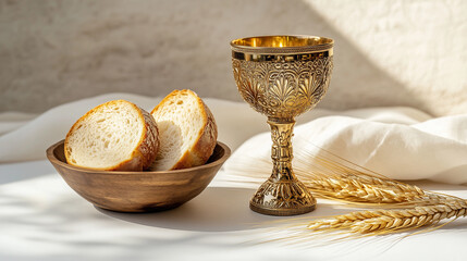Corpus Christi Celebration With Golden Chalice, Wheat and Bread Symbolizing The Holy Eucharist Ceremony

