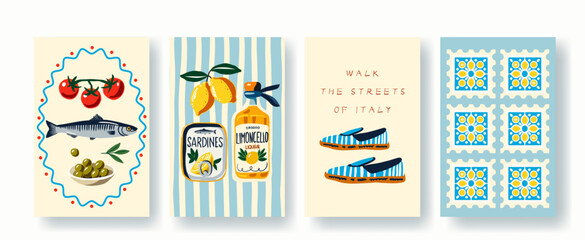 Vector set with lemons, citrus bottle, sea fish, olives, colorful tiles, and striped shoes. Coastal travel and food-themed illustrations for packaging, decor, prints, and textile designs