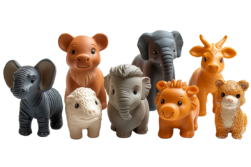 A collection of small toy wild animals including elephants, lion, giraffe, and bear, isolated on a white background.