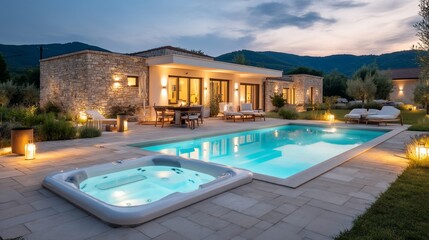Fototapeta premium Modern villa with pool and spa at twilight, overlooking hills; ideal for luxury vacation rentals